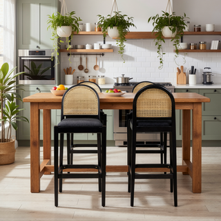 Sunvega Natural Oak and Cane Rattan Counter Stools with Black Boucle Upholstery