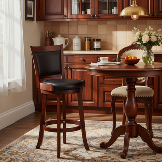 Sunvega Dark Cherry Finish Swivel Bar Chair with Black Faux Leather Upholstery