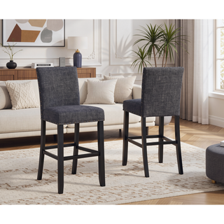 Sunvega Blue Linen and Cotton Fabric Bar Stools with Nailhead Trim Set of 2