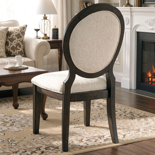 Sunvega Dark Cocoa Oval Back Dining Side Chair with Cream Chenille Upholstery and Welt Trim