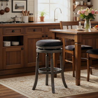 Sunvega 30 Inch Bar Stool with Weathered Gray Finish and Beige Fabric Seat