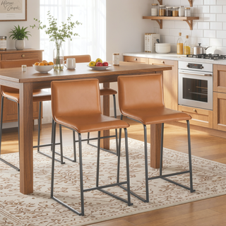 Sunvega Modern Black Metal and Camel Faux Leather Counter Stool Set of 2