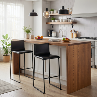 Sunvega Modern Black Faux Leather Barstools with Metal Base and Footrest Set of 2