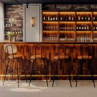 Sunvega Industrial Style Metal Bar Stools with Faux Leather Seat and Rattan Backrest