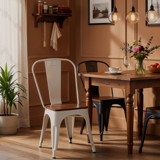 Sunvega High Gloss White Industrial Metal Dining Chairs with Walnut Wooden Seat Set of 4