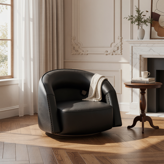 Sunvega Walnut Game Dining Chair with Black Faux Leather and Nailhead Trim
