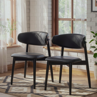 Sunvega Mid Century Modern Vegan Leather Dining Chair Set Of 2 With Black Faux Leather Upholstery
