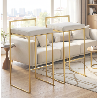 Sunvega Gold and White Faux Leather Upholstered Fixed Bar Height Barstool Set