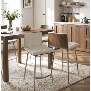 Sunvega Mason Swivel Counter Stool with Tufted Faux Leather Seat and Walnut Wood Back