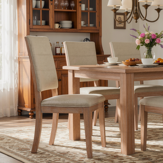 Sunvega Rustic Light Oak Finish Ladderback Wooden Dining Chairs with Beige Upholstered Seat