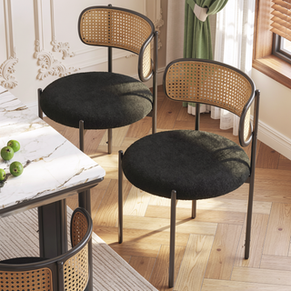 Sunvega Modern Upholstered Dining Chairs Set of 4 with Rattan Backrest and Metal Legs