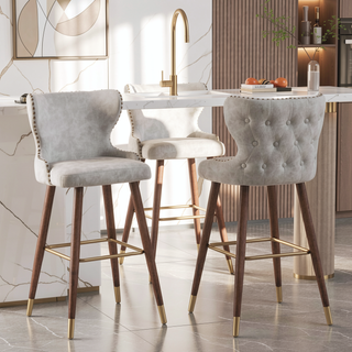 Sunvega Mid-Century Modern Tufted Nailhead Trim Barstool Set of 2 in Off-White