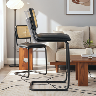 Sunvega Counter Height PU Leather Bar Stools with Rattan Back and Cantilever Design