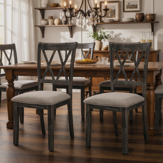 Sunvega Weathered Grey Cross Back Side Chairs with Beige Upholstered Seat Set of 2