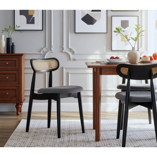 Sunvega Modern Cane Dining Chairs with Rectangular Backrest in Black and Gray