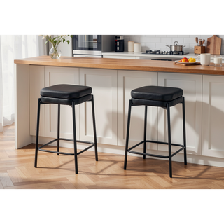 Sunvega Set Of 2 Black Leather Look Backless Barstools With Padded Seats And Footrest