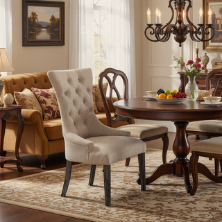 Sunvega Beige and Weathered Espresso Tufted Side Chair Set with Padded Seat and Wooden Legs