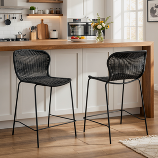 Sunvega Brown Faux Rattan Metal Counter Chair Set with Timeless Inviting Aesthetic