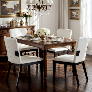 Sunvega Modern Walnut Finish Wood and White Glossy PU Leather Dining Chairs Set of 2