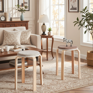 Sunvega Set of 4 Solid Birch Wood Stackable Round Backless Stools for Dining Room