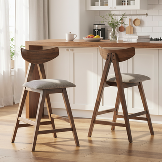 Sunvega Mid-Century Modern Rubberwood Counter Stool Set with Upholstered Seating