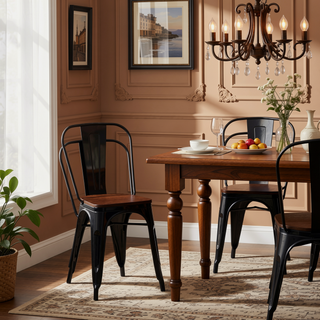 Sunvega High Gloss Black with Walnut Wooden Seat Industrial Metal Dining Chairs Set of 4