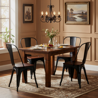 Sunvega High Gloss Black with Walnut Wooden Seat Industrial Metal Dining Chairs Set of 4