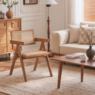 Sunvega Beige and Natural Rattan Arm Chair Set of 2 with Wood Legs