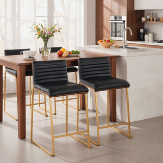 Sunvega Contemporary Fixed-Height Counter Stool with Tufted Faux Leather Seat and Walnut Wood Back
