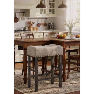 Sunvega Tan Linen & Weathered Oak Finish Counter Height Armless Stool Set of 2