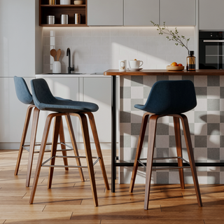 Sunvega Distressed Blue Vegan Faux Leather Upholstered Bentwood Bar Stools Set of 2