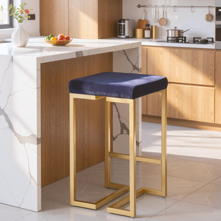 Sunvega Midas Gold Blue Velvet Contemporary Glam Counter Stool Set of 2