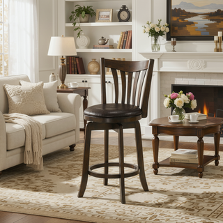 Sunvega Dark Cherry Wood Pub Height Swivel Bar Chair with Faux Leather Seat