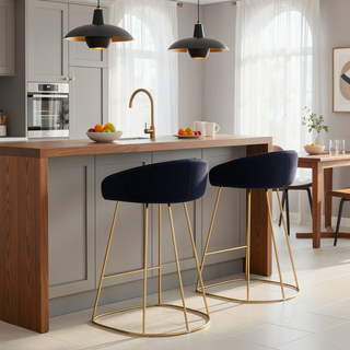 Sunvega Gold Tone Metal Frame Counter Stool with Blue Velvet Upholstered Seat