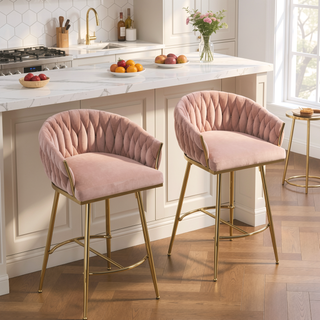 Sunvega Lambswool Fabric Counter Height Bar Stools Set of 2 with Wave Back
