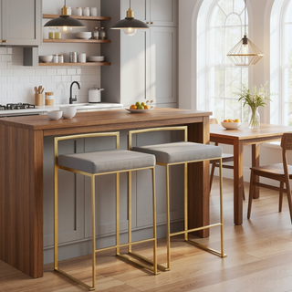 Sunvega Gold and Grey Faux Leather Upholstered Stackable Counter Stool Set of 2