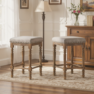 Sunvega Traditional Weathered Oak Finish Counter Height Stools with Beige Fabric Seating