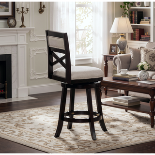 Sunvega 24 Inch Counter Height X-Back Swivel Stool with Beige Fabric Seat and Cherry Finish