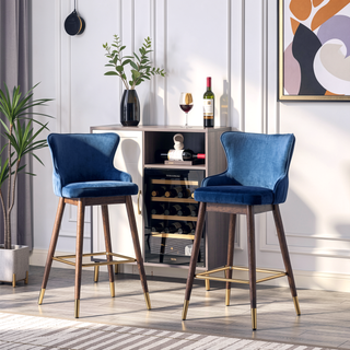 Sunvega Mid-Century Inspired Blue Velvet Wingback Bar Stools with Walnut Legs