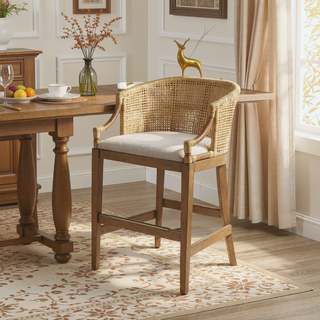 Sunvega Handcrafted Natural Rattan and Linen Upholstery Counter Stool