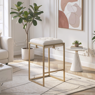 Sunvega Beige and Gold Square Counter Height Stools with Button Tufting and Footrest
