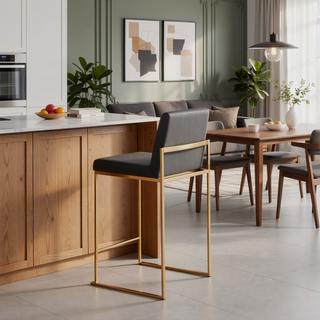Sunvega Contemporary High Back Counter Stool with Padded Seat in Gold Steel and Grey Faux Leather