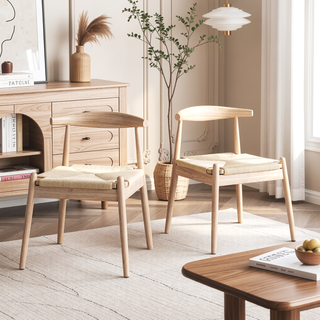 Sunvega Mid-Century Modern Dining Chairs Set of 2 with Solid Oak Frame and Handwoven Seat