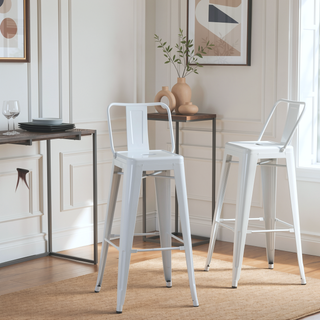 Sunvega White Metal Bar Stools with Curved Back and Foot Rest Set of 2