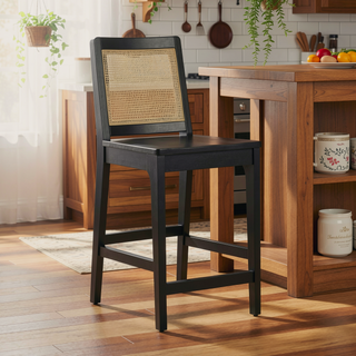 Sunvega Transitional Solid Wood and Rattan Counter Stool Set with Woven Upholstery