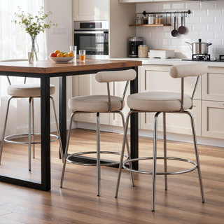 Sunvega Art Deco-Inspired Chrome and Cream Fabric Counter Stool with Swivel Seat