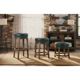 Sunvega Gray Faux Leather Swivel Stools with Nailhead Trim and Solid Wood Frame
