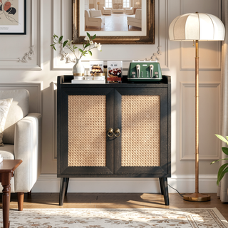 Sunvega Medieval Style Buffet Cabinet with Rattan Doors and Baffle Strip Design