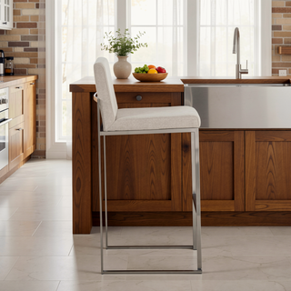 Sunvega Fuji Contemporary High Back Barstool with Padded Seat and Backrest in Stainless Steel and Beige Fabric - Set of 2