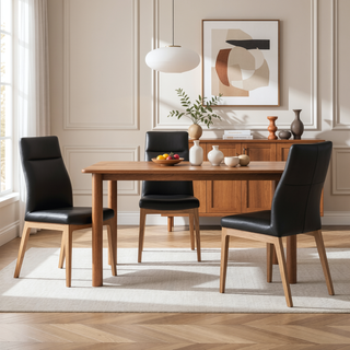 Sunvega Black Leather Walnut Finish Side Chair Set of 2 with Padded Seat